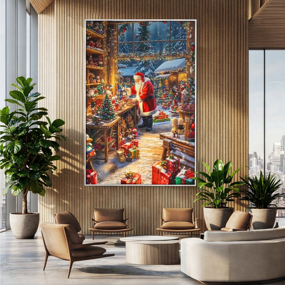 Tablou canvas cu ilustratie digitala cu mos craciun in atelier, in rama de aluminiu argintiu, pe perete intr-un birou